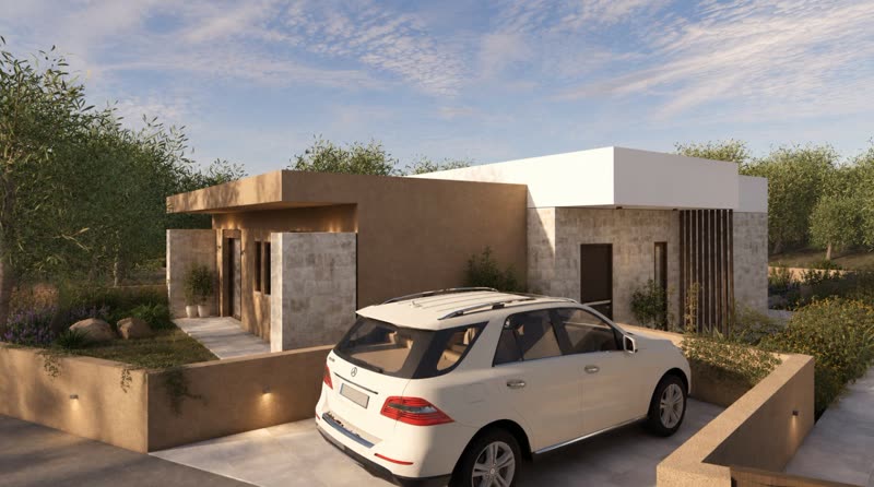 Villa K2 seen from the west with parking area