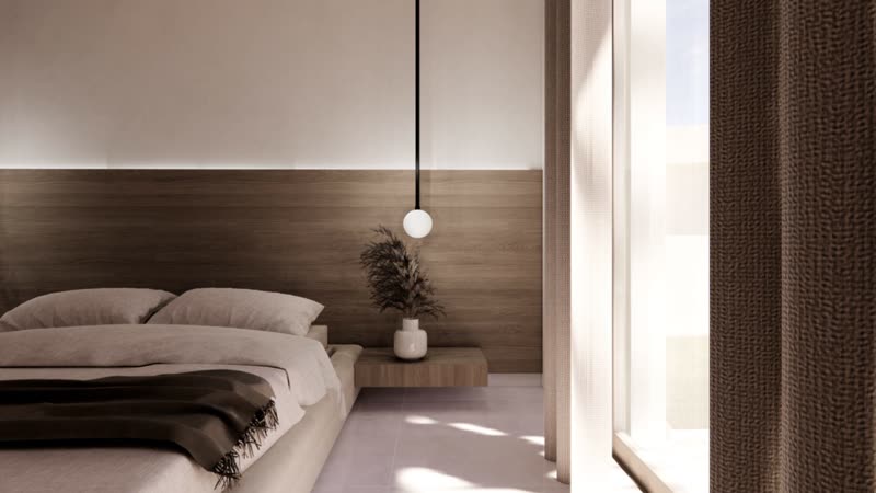 Villa K1 bedroom detail with pendant light and bedside shelf
