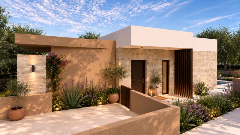 Villa K2 entrance with stone façade and planted garden