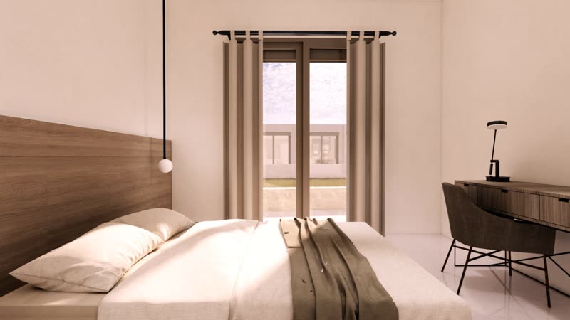 Villa K4 bedroom with desk and terrace doors