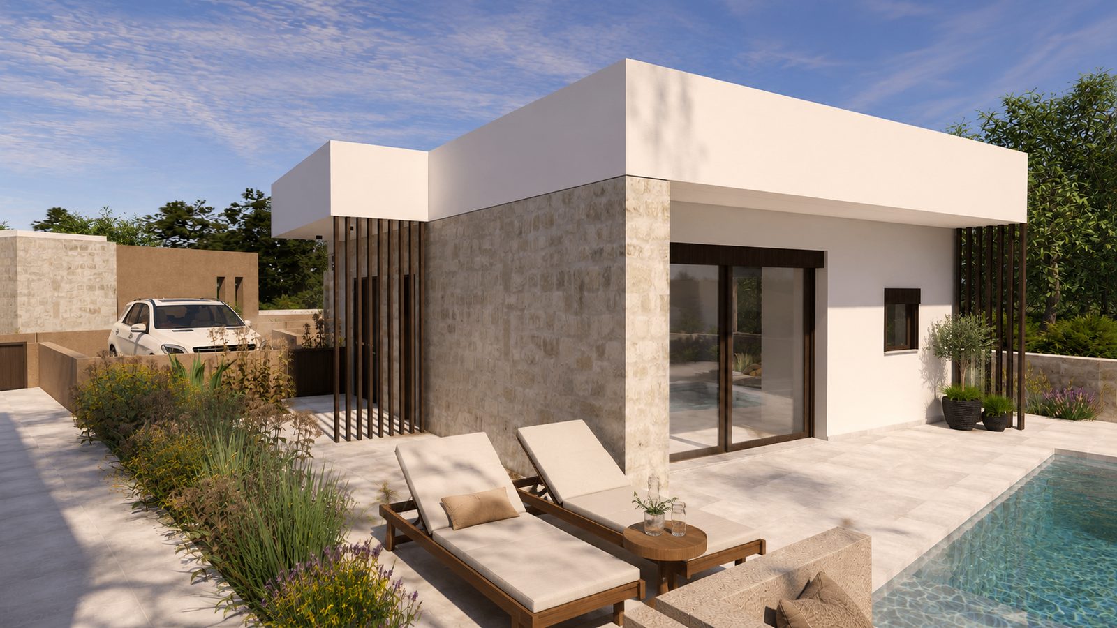 Villa K2 exterior with pool terrace and sun loungers