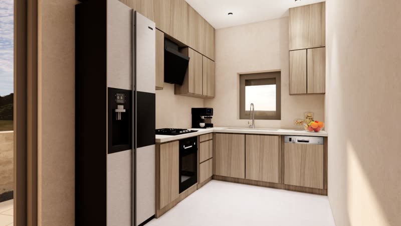 Villa K2 kitchen with wood cabinetry and appliances