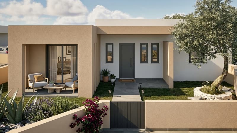 Villa K3 entrance façade with planted garden