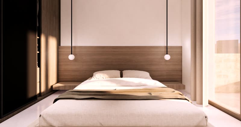 Villa K4 bedroom with pendant lighting and garden light