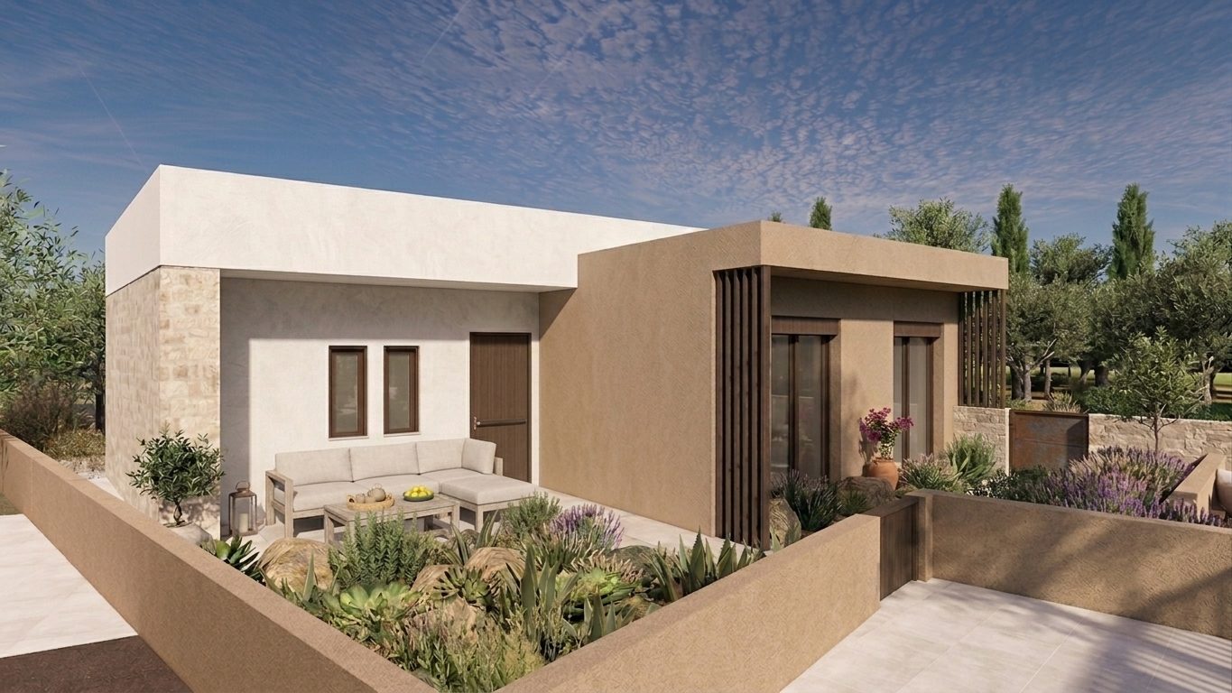 Villa K4 exterior with landscaped courtyard and covered terrace