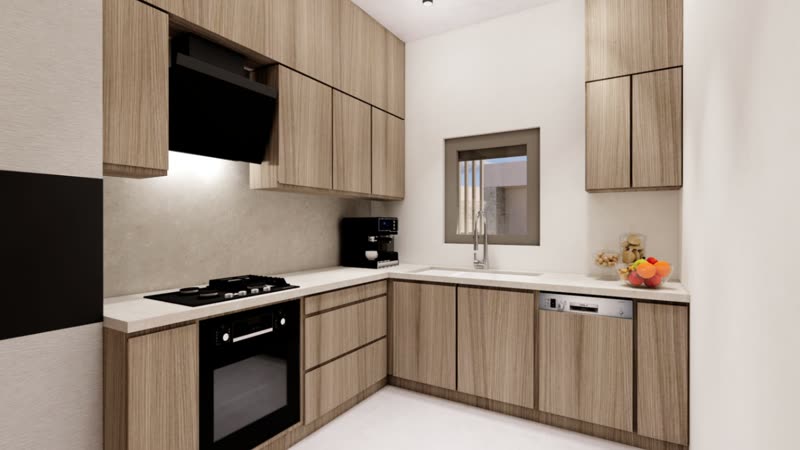 Villa K1 kitchen with wood cabinetry and integrated appliances