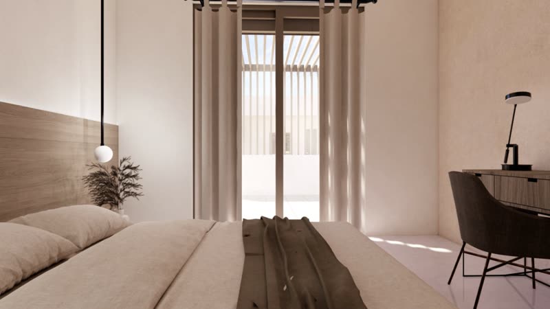 Villa K1 bedroom with terrace doors and desk